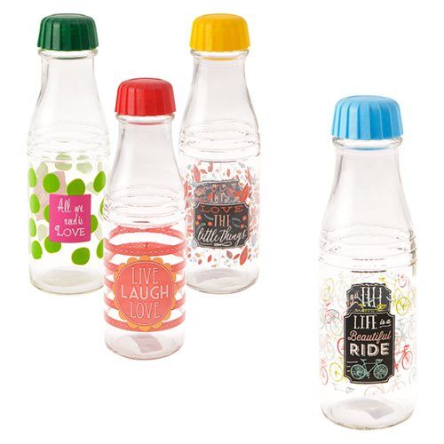 Bulk Pack x4 Glass Drinking Bottle with Plastic Cap - Assorted (450ml)