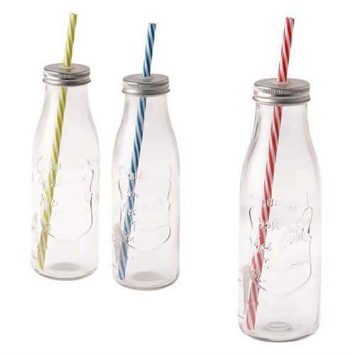 Bulk Pack x9 Glass Drinking Bottle with Straw - Assorted (450ml)