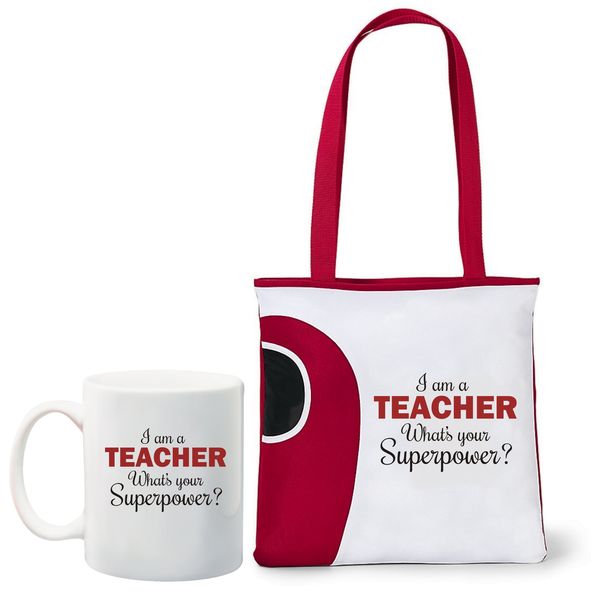 Qtees Africa I Am A Teacher Printed Mug &amp; Tote Bag Combo - Red