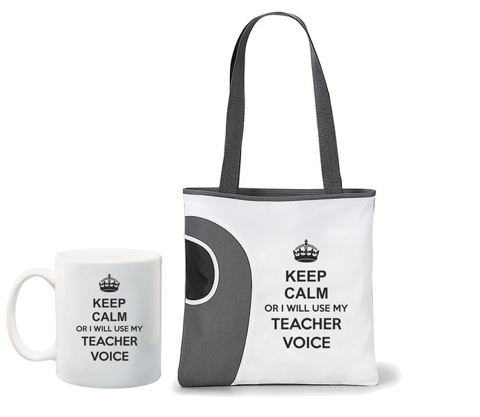 Qtees Africa Keep Calm Or I Will Use My Teacher Voice Printed Mug &amp; Tote Bag Combo - Grey