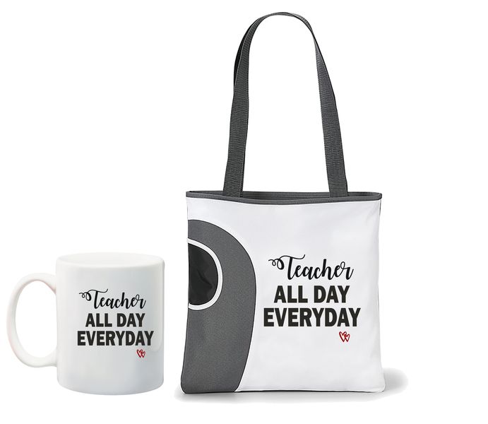 Qtees Africa Teacher All Day Everyday Printed Mug &amp; Tote Bag Combo - Grey
