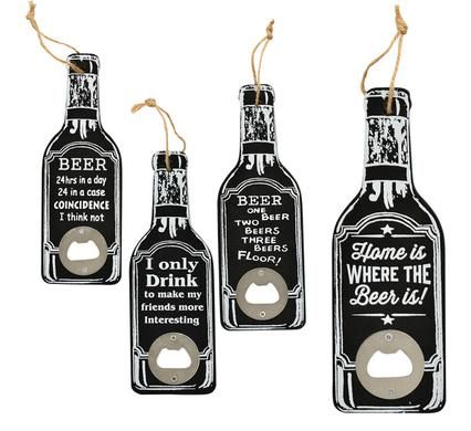 Bulk Pack of 4x MDF Wall Hanging Bottle Opener with Words - Assorted