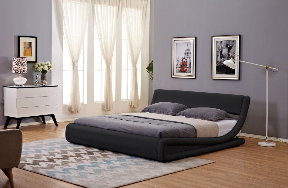 Hazlo Gabriela Modern Curve Style Faux Leather Bed Base Black (Size