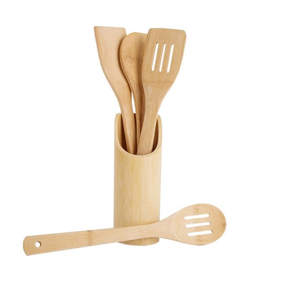 Bamboo Cooking Utensils Set with Holder - 5 Piece