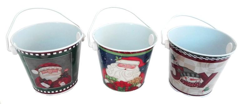 Bulk Pack of 4 Small Christmas Tin Buckets with Handles