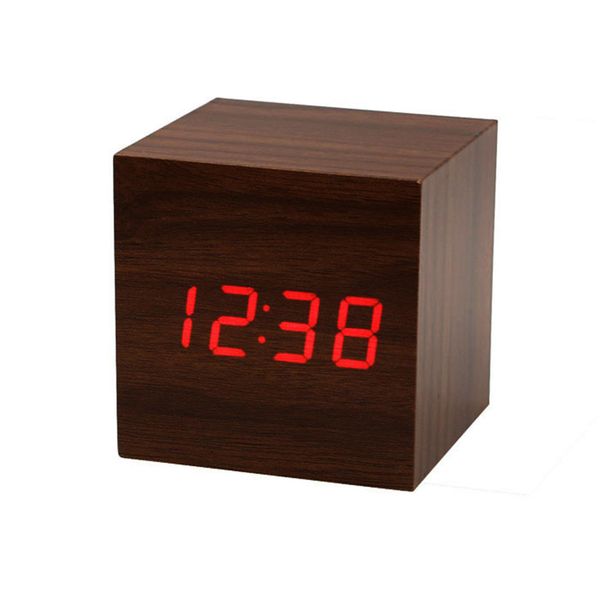 Wooden Cube Digital Table Clock - Brown