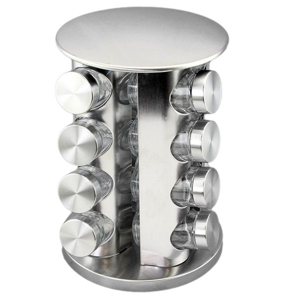 Olcor Stainless Steel Rotating Spice Rack with Jar Bottles - Square