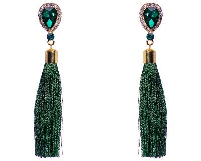 Faceted Emerald Green Crystal Stud Drop Earrings with Tassles