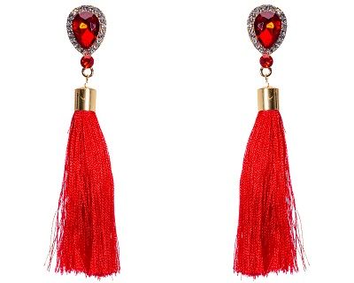 Faceted Ruby Red Crystal Stud Drop Earrings with Tassles