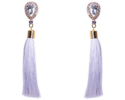 Faceted White Crystal Stud Drop Earrings with shoulder length Tassles