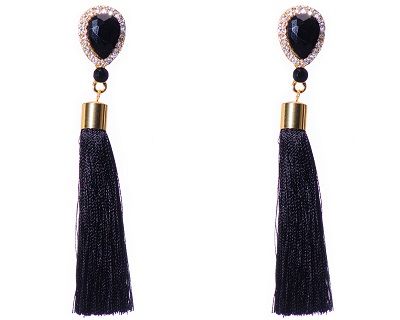 Faceted Onyx Black Crystal Stud Drop Earrings Length Tassles