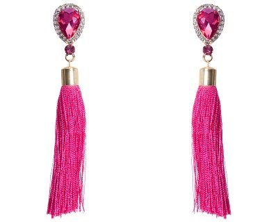 Faceted Hot Pink Crystal Stud Drop Earrings with Tassles