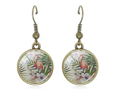 Beautiful Pink Flamingo Drop Earrings - Hibiscus and Palm design