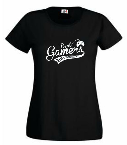 Thinking out Loud Ladies "Real Gamers SKIP TUTORIALS" Short Sleeve T-Shirt - Black