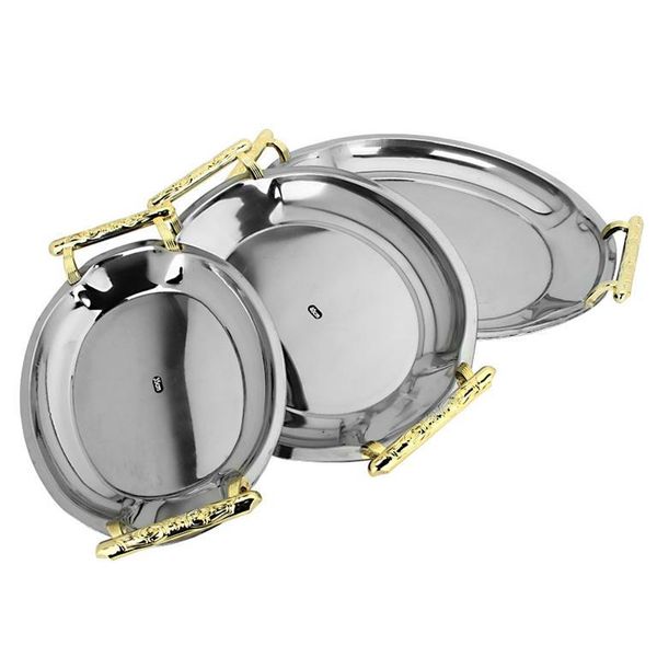 Stainless Steel 3 Piece Serving Tray Set - Golden Handles