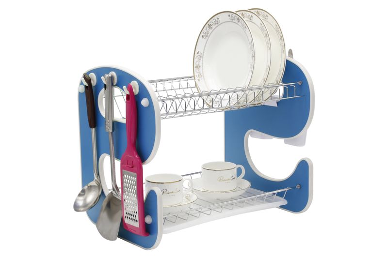 Two Tier Wooden Dish Rack - Blue