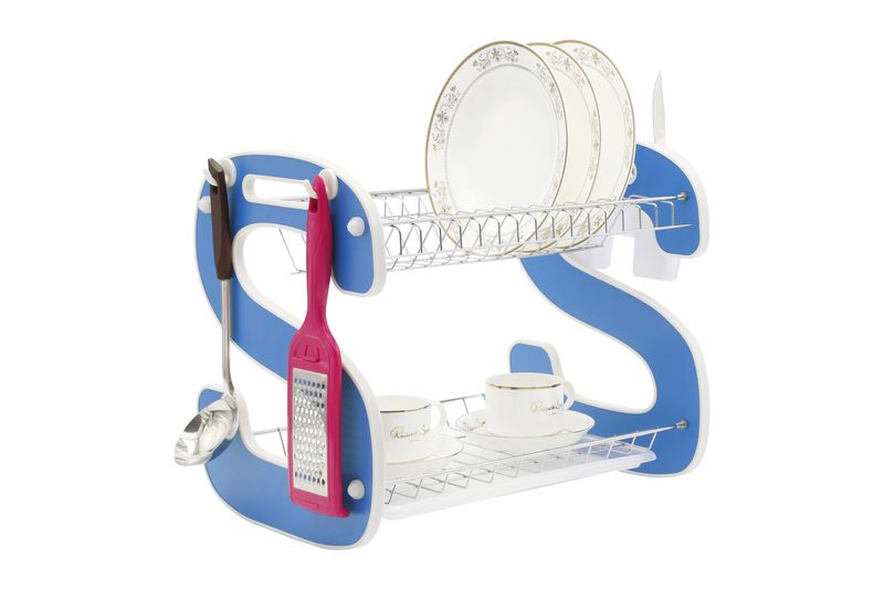 Two Tier Wooden Dish Rack - Blue