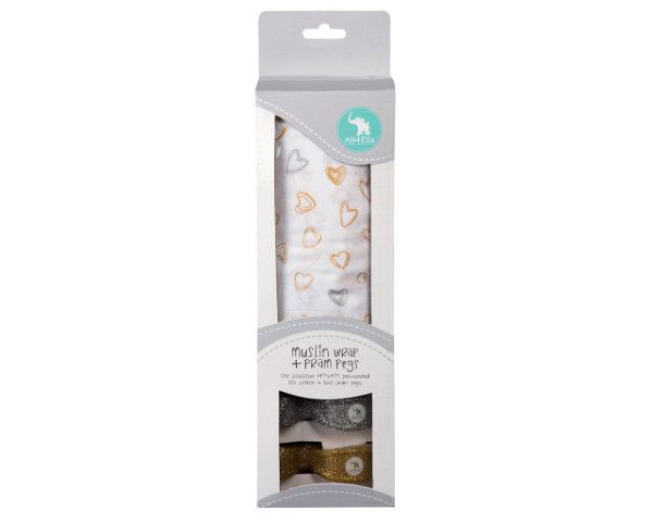 All4Ella Single Muslin Wrap &amp; Pram Peg Box - Gold &amp; Silver