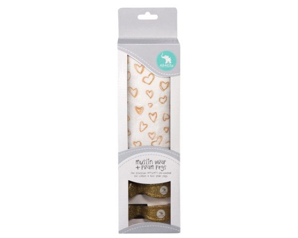 All4Ella Single Muslin Wrap &amp; Pram Peg Box - Gold Heart