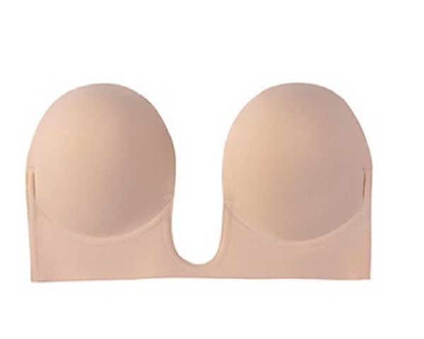 Easy Curves Plunged Neckline Stick On Bra - Nude (Size: D Cup)