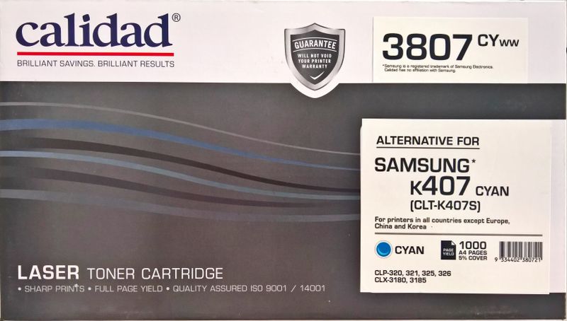 Calidad 3807-CYWW Cyan Toner Alternative For Samsung K407