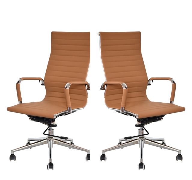 Ribbed High Back Office Chairs - Set of 2 - Camel