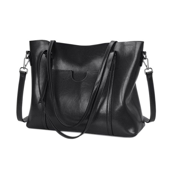 Women's Large PU Leather Cross-Body Tote Bag - Black