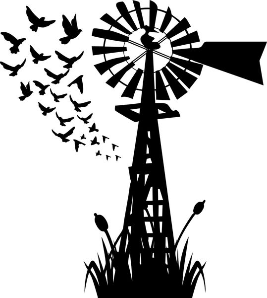 Vinyl Lady Decals Windmill Birds Art Sticker - Black