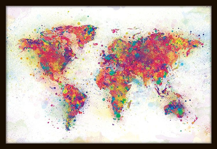 Colour Splash World Map Poster with Black Frame