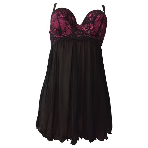 Sheer Padded Lace Bra Chemise - Black &amp; Pink