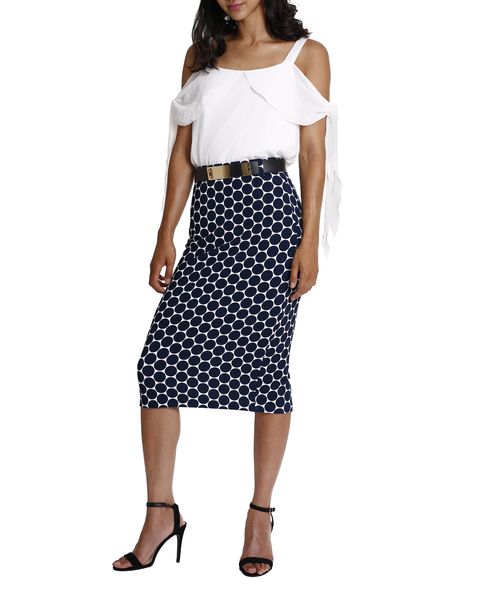 Kode Body Con Pencil Skirt with Belt - Navy &amp; Milk (Size: 22)