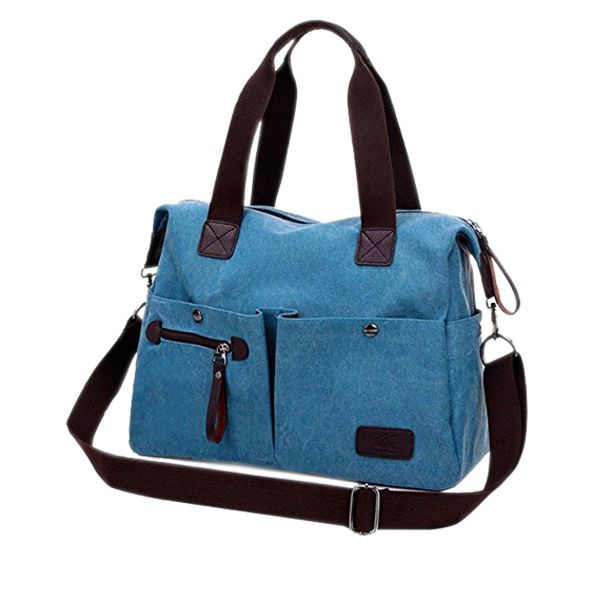Women's Multi Pocket Canvas Shoulder Bag - Blue