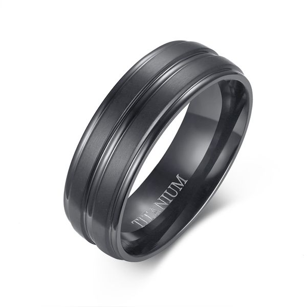 Men's Black Ionized Titanium Engagement Ring, 8MM Brushed Finish