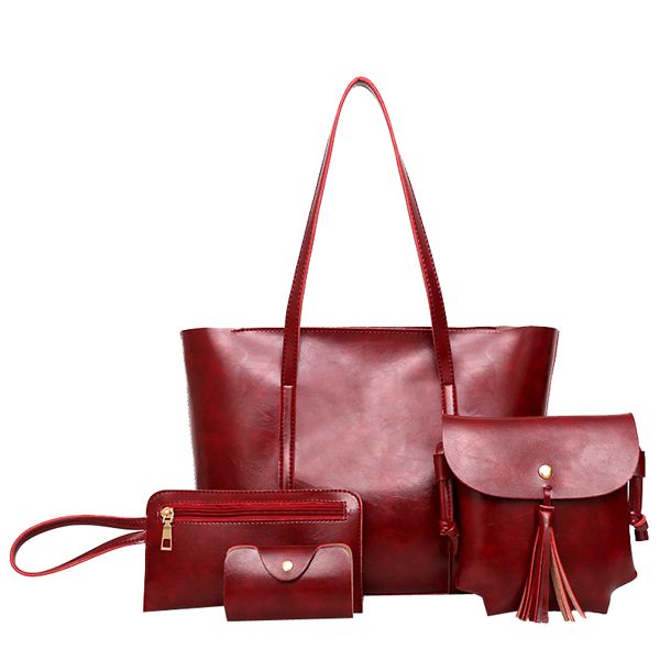 4 Piece PU Leather Handbag Shoulder Bag - Red