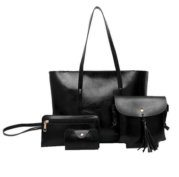 4 Piece PU Leather Handbag Shoulder Bag - Black