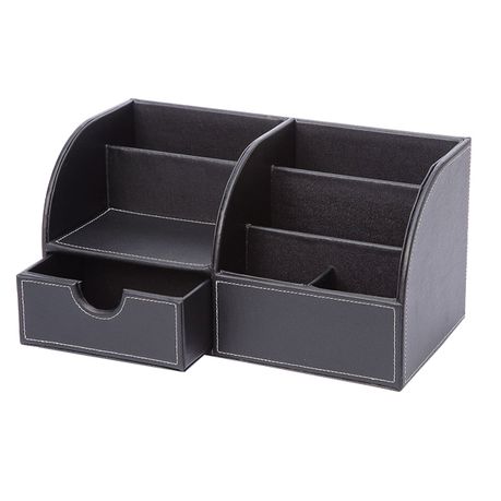 7 Compartments Pu Leather Desk Accessories Desk Organizer Collection  Stationery Storage Box Tidy Desktop Office Stationery Box Black