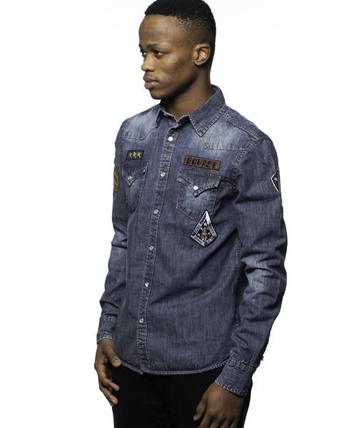 Men's Soviet Long Sleeve Denim Shirt With Badges - Indigo