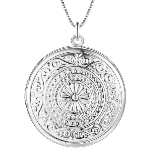 Silver Designer Round Engraved Locket Necklace - PUT A PHOTO INSIDE
