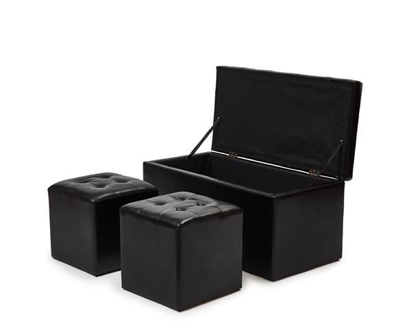 Hazlo 3-Piece Faux Leather Storage Ottoman Set - Black