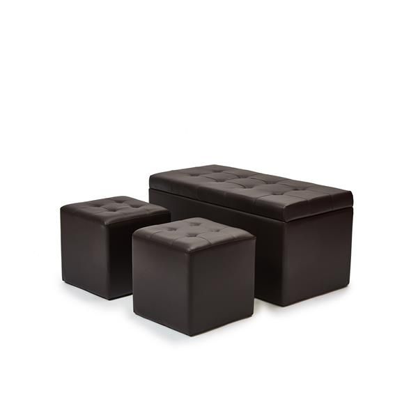 Hazlo 3-Piece Faux Leather Storage Ottoman Set - Dark Brown