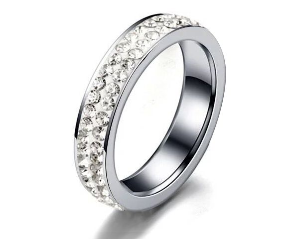 Stainless Steel 2 Row Crystal Embellished Ring - White