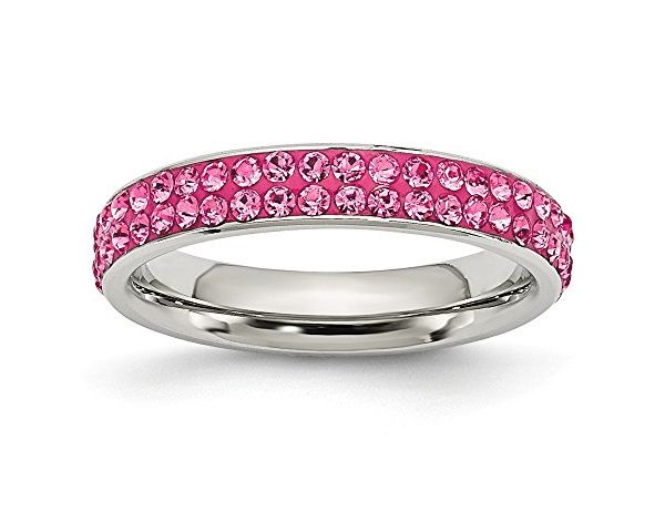 Stainless Steel 2 Row Crystal Embellished Ring - Pink