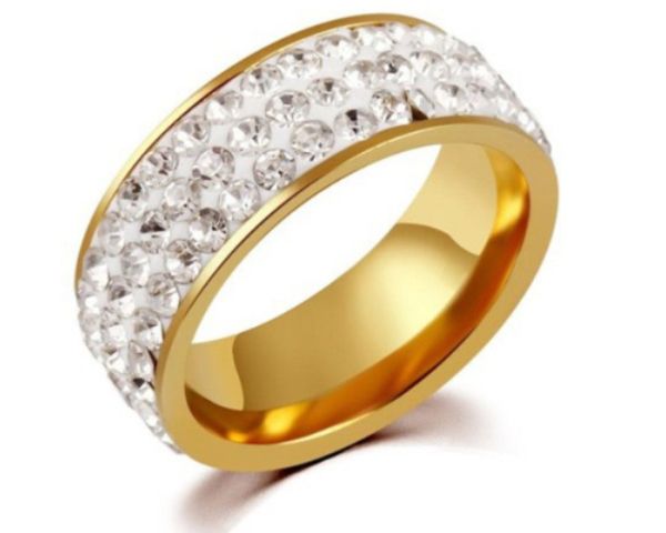 Stainless Steel 3 Row Crystal Embellished Ring - White