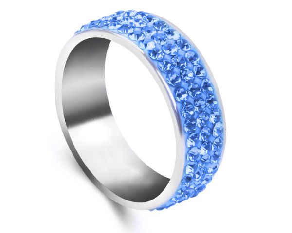 Stainless Steel 3 Row Crystal Embellished Ring - Light Blue