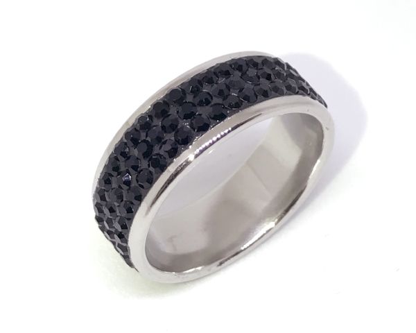Stainless Steel 3 Row Crystal Embellished Ring - Black