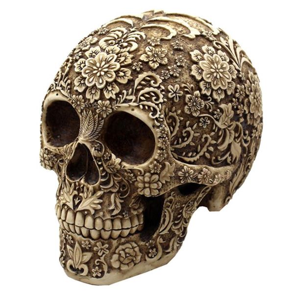 Floral Human Skeleton Skull Figurine - Brown