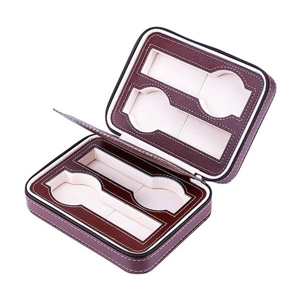 Portable 4 Slot PU Leather Watch Box - Brown