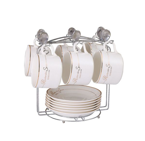 Ceramic Coffee &amp; Tea Cups Set with Iron Display Stand