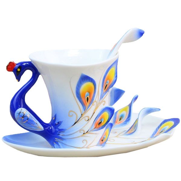 Hand Crafted Enamel Peacock Coffee Cup Set - Blue