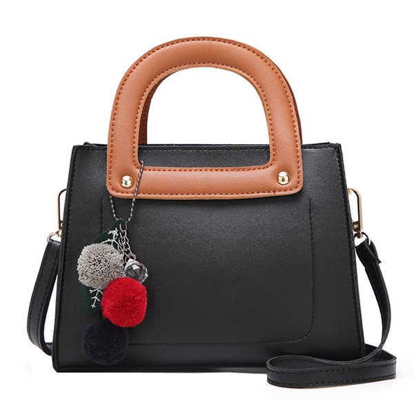 Small PU Leather Handbag with Pompoms - Black